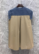 Stilvolles Khaki Denim Bow Patchwork Leinen Baumwollhemd Top